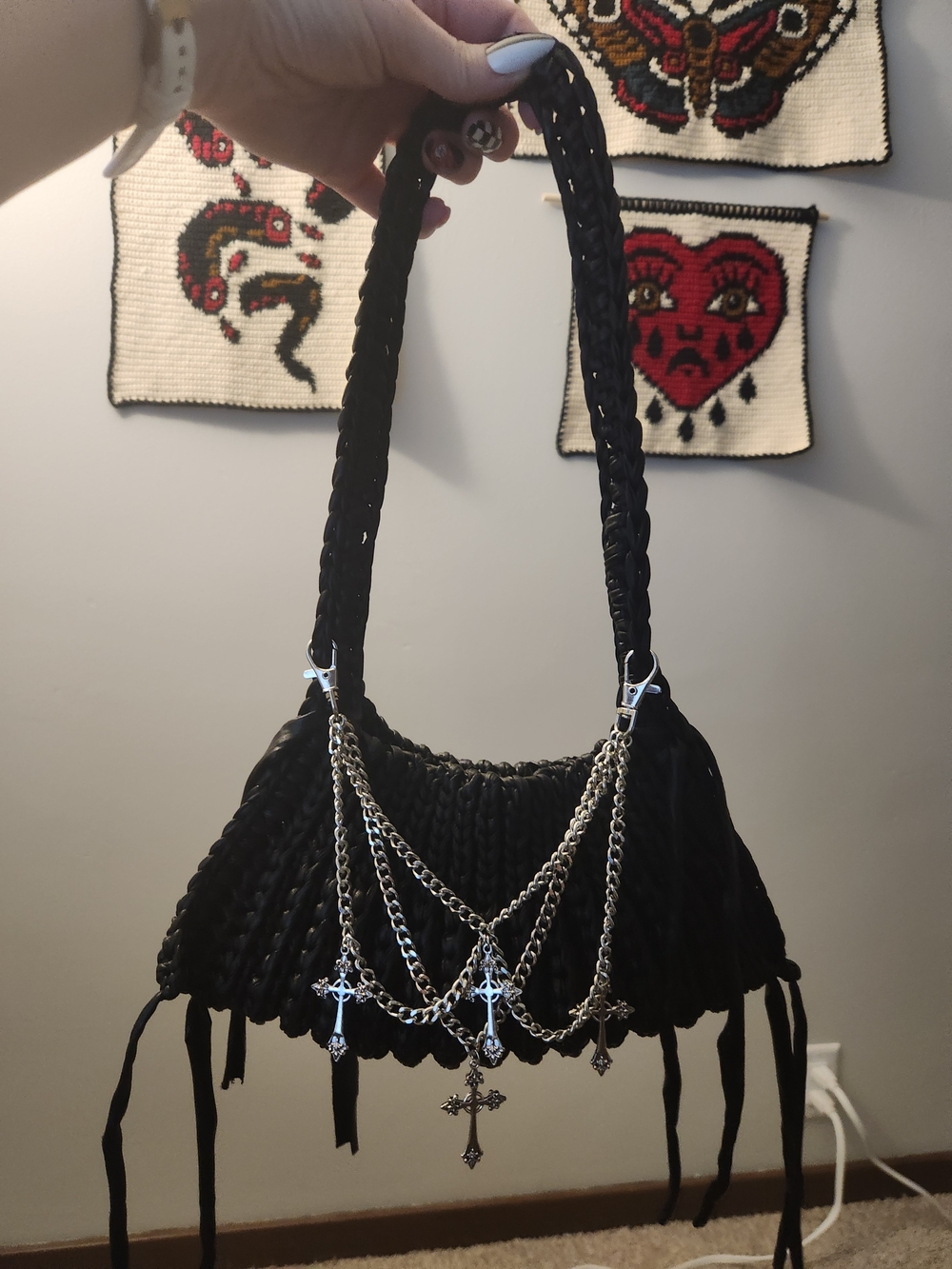 Crochet Handmade Black Leather Shoulder Bag With Crosses Charm